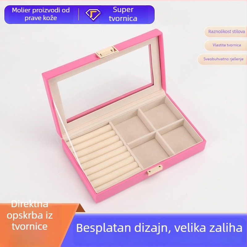 Ružičasta kutija za nakit od PU kože s prijenosnim poklopcem za pohranu ogrlica, naušnicama i prstena
