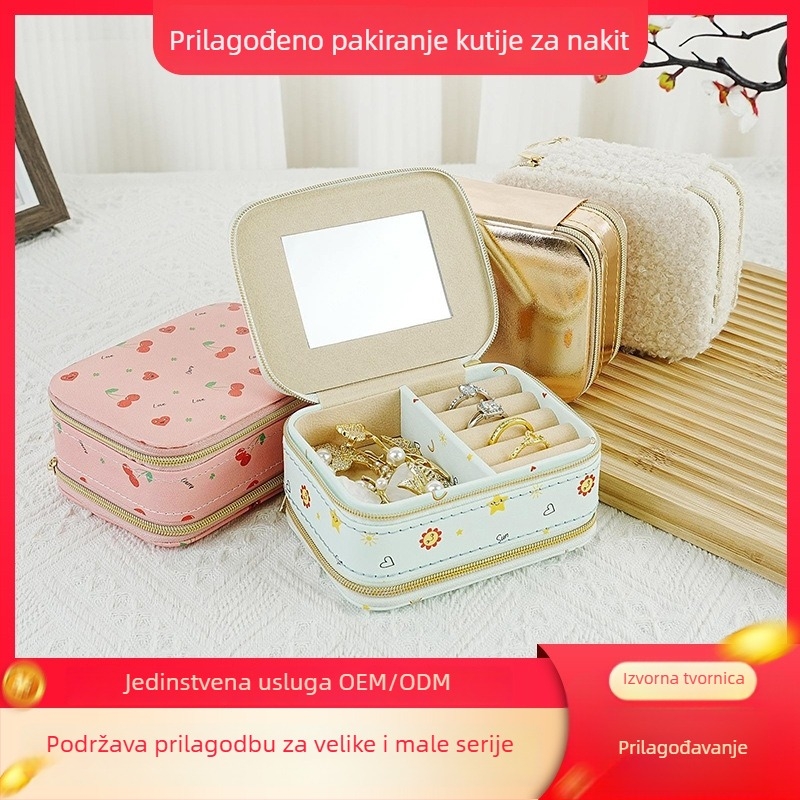 Kutija za nakit s preklopnim poklopom i ogledalom, dvostruka etaža, velika kapacitet, prijenosna kutija za putovanja, s otiskom uzorka, prilagodljiva