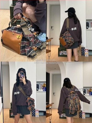 Unisex ranac od platna s kariranim uzorkom, kapacitet 20–35 L, retro stil, kompatibilan s 8-inčnim prijenosnim računalom, proljeće 2025 izdanje