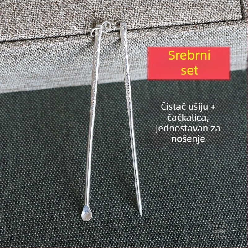 Set srebrnih zubnih štapića i ušnih žličica, ručna izrada, za kućnu upotrebu, prenosno