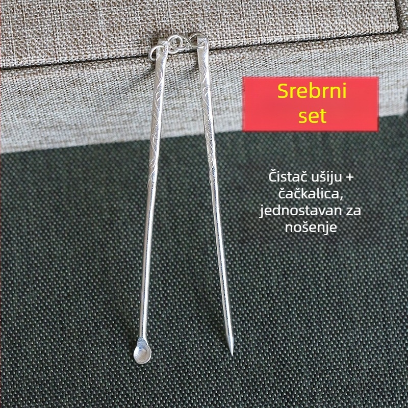 Set srebrnih zubnih štapića i ušnih žličica, ručna izrada, za kućnu upotrebu, prenosno
