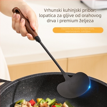 Špatula za kuhanje s drškom od drveta, nitridirano lijevano željezo, špatula u obliku gljive, jušna žlica, jednostavno čišćenje, kuhinjski pribor