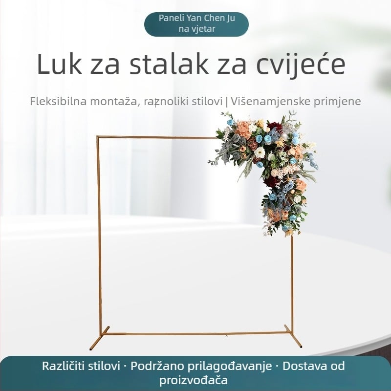 Zlatni metalni luk za vjenčanja i rođendanske proslave, kvadratni luk od kovanog željeza sa stalkom za cvijeće, dekor prostora događaja, dimenzije 2 m × 2 m