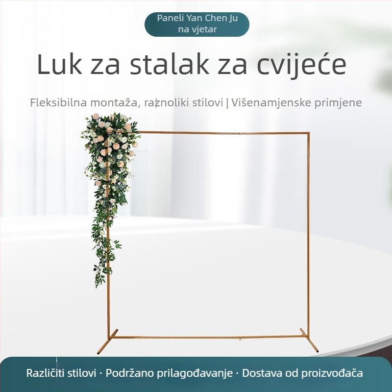 Zlatni metalni luk za vjenčanja i rođendanske proslave, kvadratni luk od kovanog željeza sa stalkom za cvijeće, dekor prostora događaja, dimenzije 2 m × 2 m
