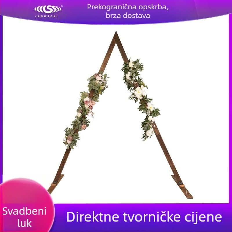 Drvena trokutna svadbena luka za otvoreni travnjak, pozadina za fotografiranje u šumskom stilu