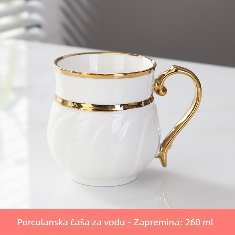 Set keramičkih šalice s zlatnim rubom, minimalistički nordijski stil, za kućnu upotrebu; uključuje šalice za kavu i bokal za hladnu vodu