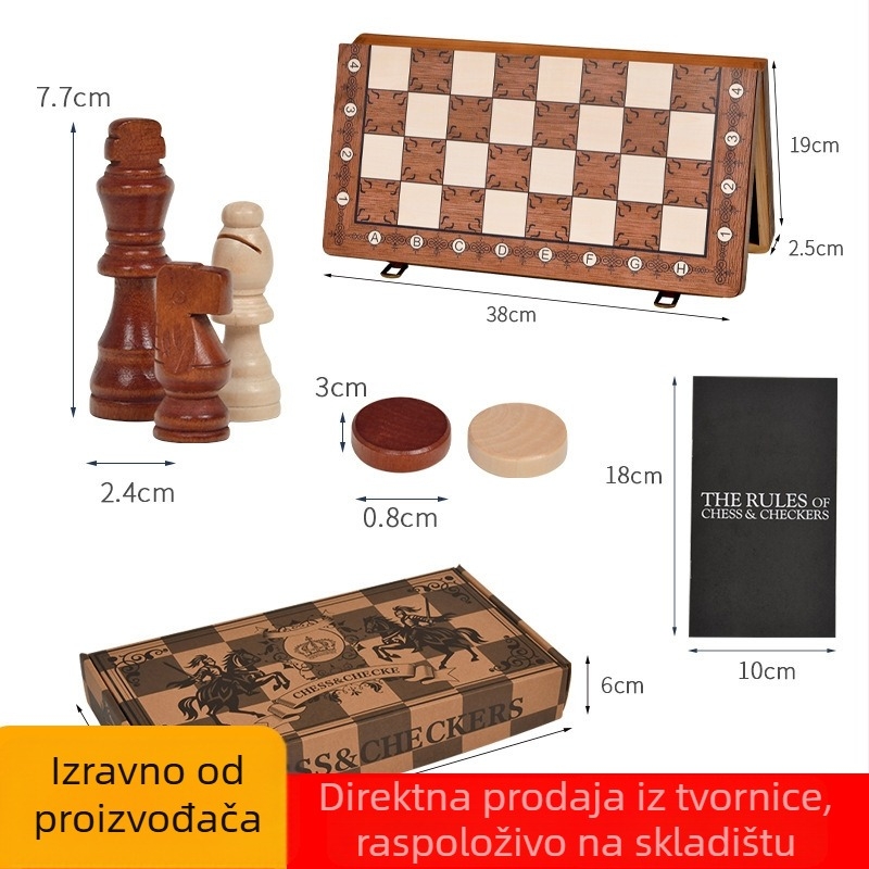 Dva u jednom: drveni sklopivi magnetski šah i dama – prijenosna edukativna društvena igra za dva igrača