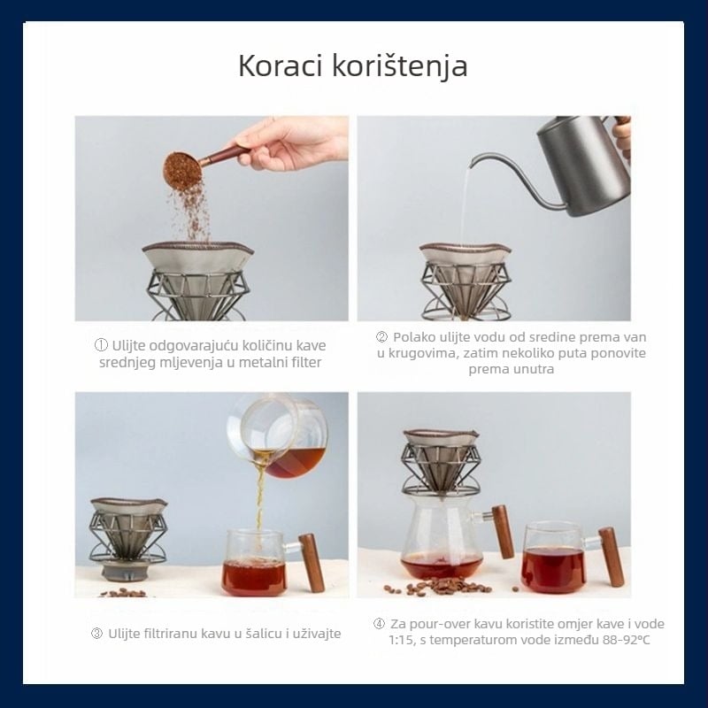 V60 filter za kavu, ponovno upotrebljiv, od nehrđajućeg čelika, bez papira