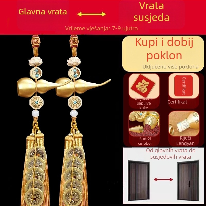 Veličanstveni bakreni privjesak u obliku bundeve s novčićima pet careva, kineski čvor, feng šui amulet