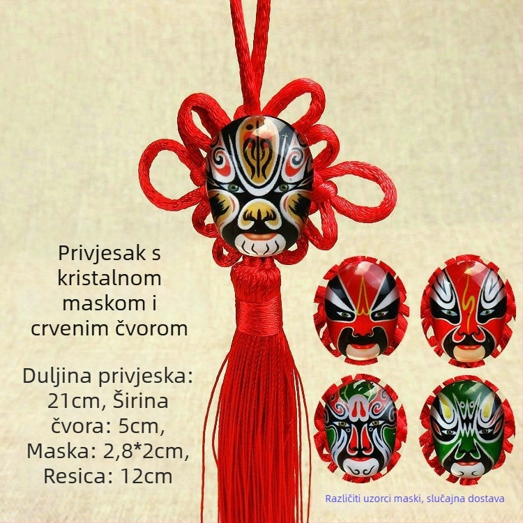 Mali kineski čvor privjesak s kristalnom maskom Pekinške opere, dekorativni dodatak za dnevni boravak i bonsaje