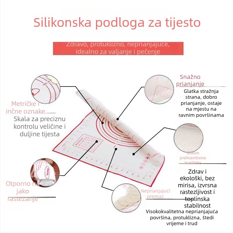 Velika silikonska podloga za miješenje tijesta, visoko otporna silikonska, za pečenje i razvlačenje tijesta, protuklizna i antiadhesivna