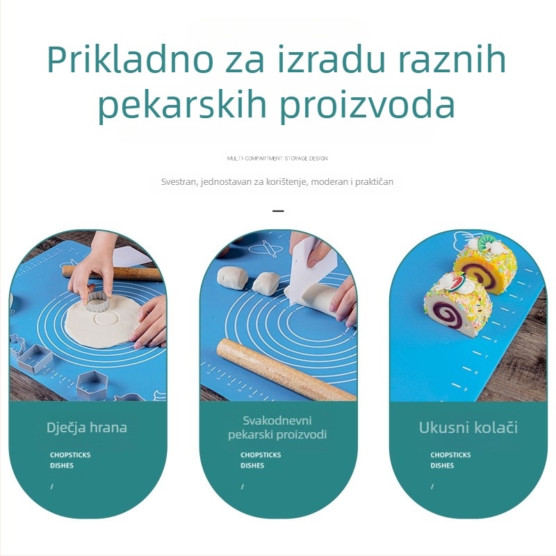 Silikonska podloga za mijesenje tijesta s mjernim oznakama, prehrambene kvalitete, anti-prijanjajuća i protuklizna kuhinjska podloga za razvlačenje tijesta; plava ili ružičasta; dimenzije 40×60 cm ili 65×45 cm.