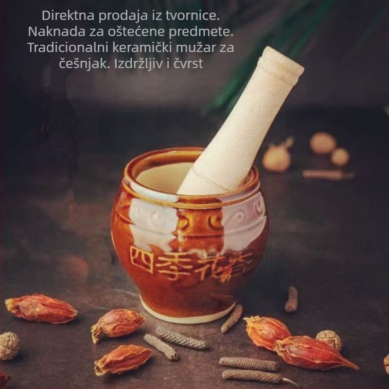 Keramički mortar i pestle za češnjak, ručni mljevenik, nostalgičan stil