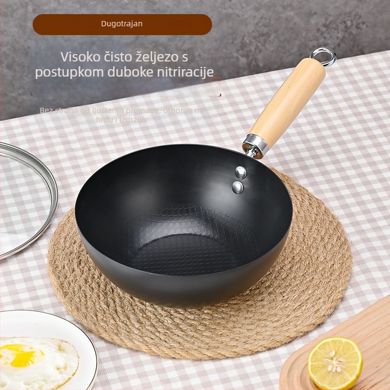 Mini wok od lijevanog željeza za jednu osobu, bez premaza, japanskog stila, staklena poklopac, kompatibilan s indukcijskim i plinskim pločama