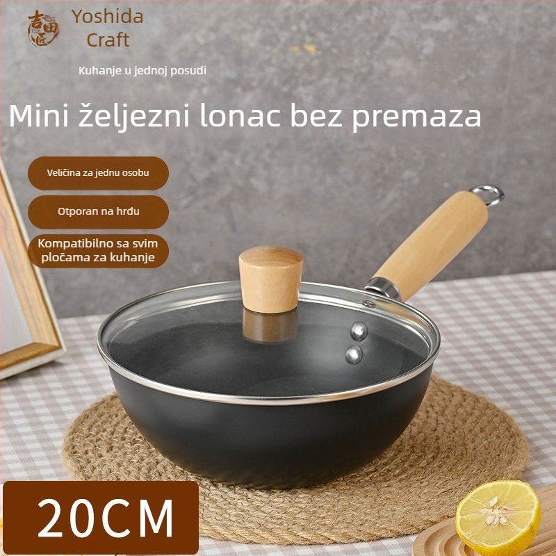 Mini wok od lijevanog željeza za jednu osobu, bez premaza, japanskog stila, staklena poklopac, kompatibilan s indukcijskim i plinskim pločama