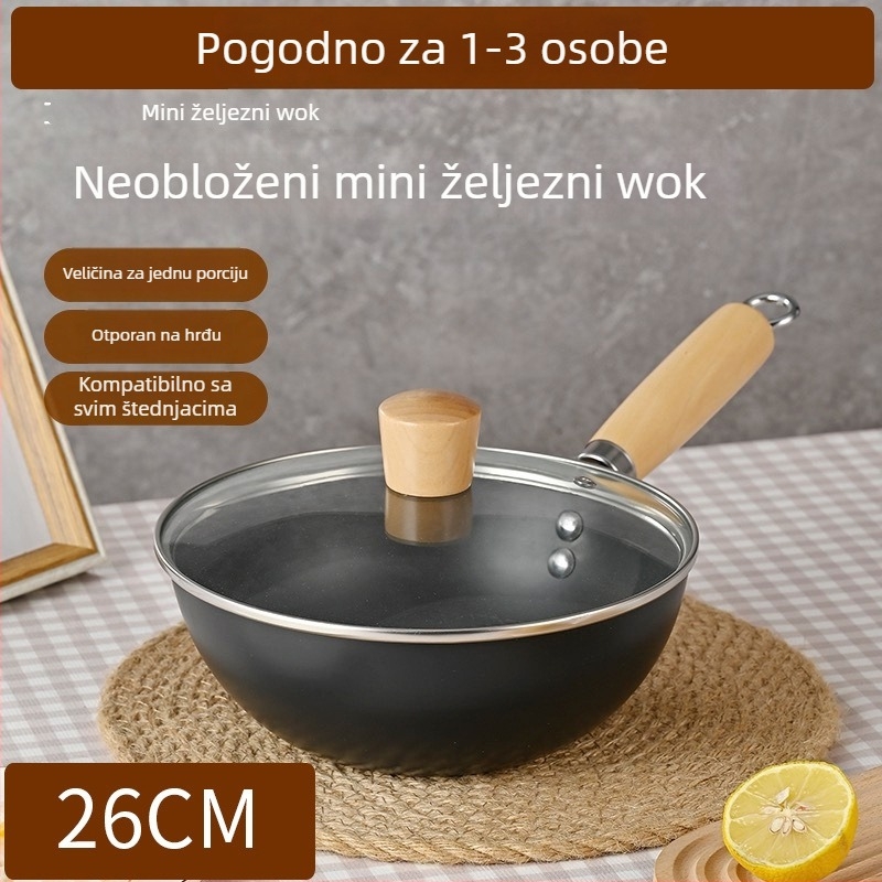 Mini wok od lijevanog željeza za jednu osobu, bez premaza, japanskog stila, staklena poklopac, kompatibilan s indukcijskim i plinskim pločama
