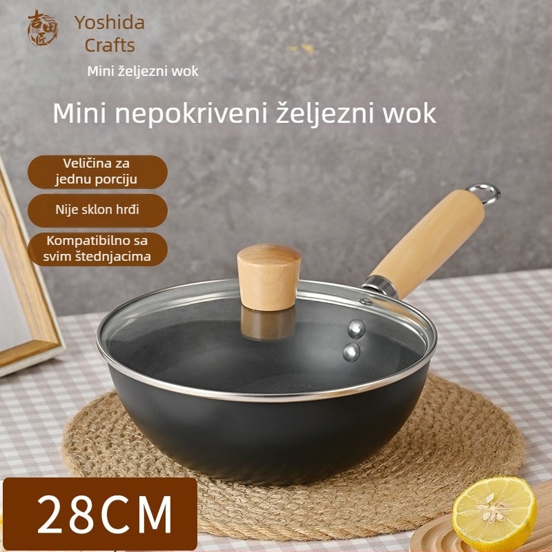 Mini wok od lijevanog željeza za jednu osobu, bez premaza, japanskog stila, staklena poklopac, kompatibilan s indukcijskim i plinskim pločama