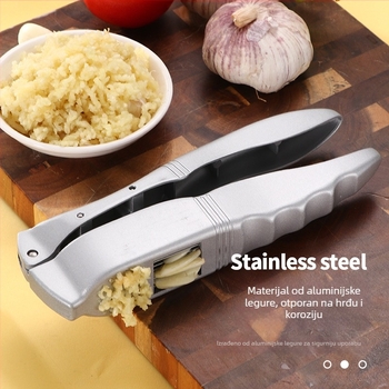 Preša za češnjak od aluminijske legure — višefunkcionalni kuhinjski alat za tlačenje, rezanje i guljenje češnjaka; kućna upotreba; dimenzije 20 × 6 cm; moderan dizajn