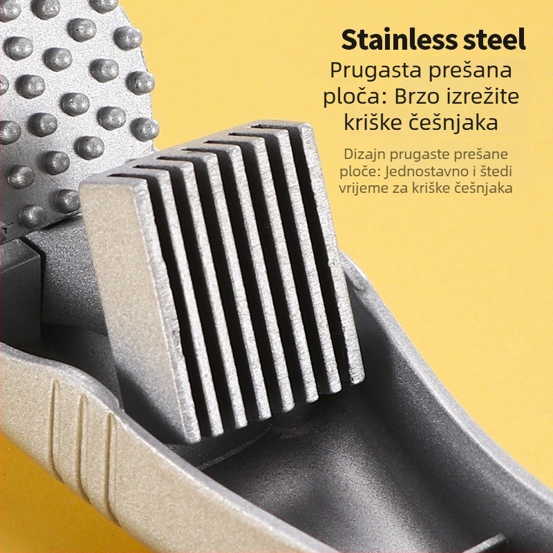 Preša za češnjak od aluminijske legure — višefunkcionalni kuhinjski alat za tlačenje, rezanje i guljenje češnjaka; kućna upotreba; dimenzije 20 × 6 cm; moderan dizajn
