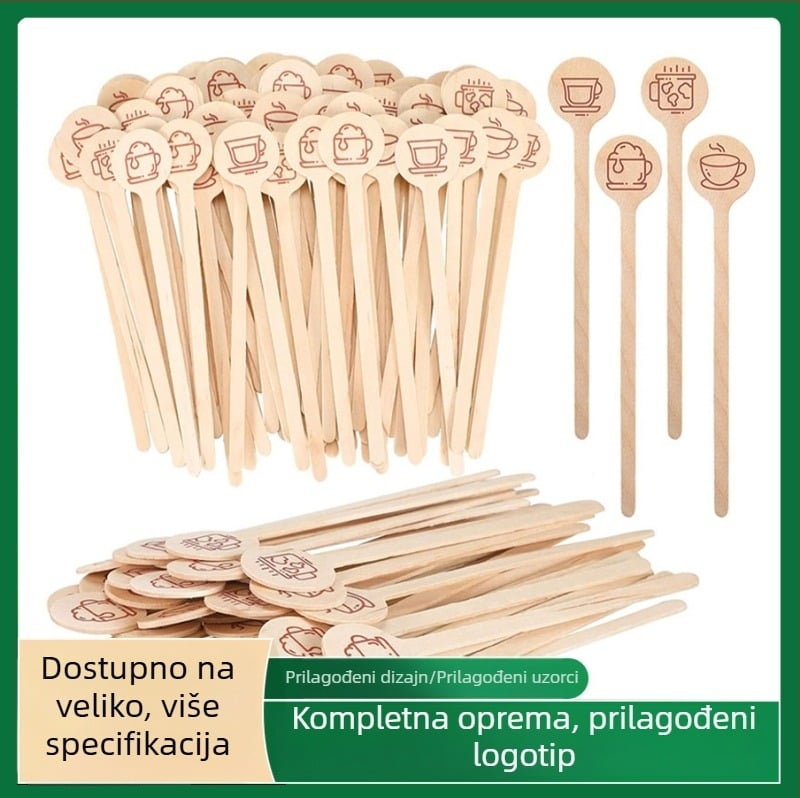 Drveni jednokratni štapići za kavu s okruglom glavom, duljine 150/160/180 mm, otisnuto logom, individualno pakirano