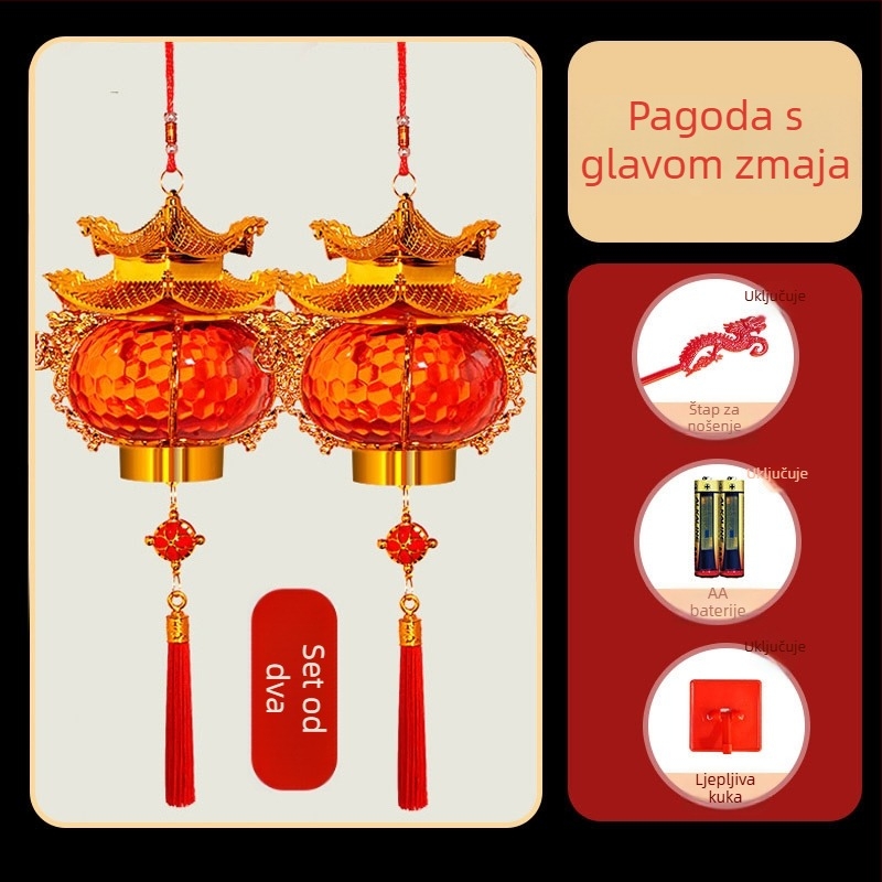 Novogodišnji prijenosni lampion za Festival lampiona, mali lampion u obliku pagode s kristalnim svjetlom, balkon, baterija, za djecu, znak blagoslova, model 2025