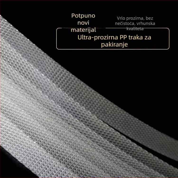 Nova prozirna PP ambalažna traka za pakiranje, pogodna za potpuno i poluautomatne strojeve; trak za zatezanje; ručna topljiva traka; plastična ambalažna traka.