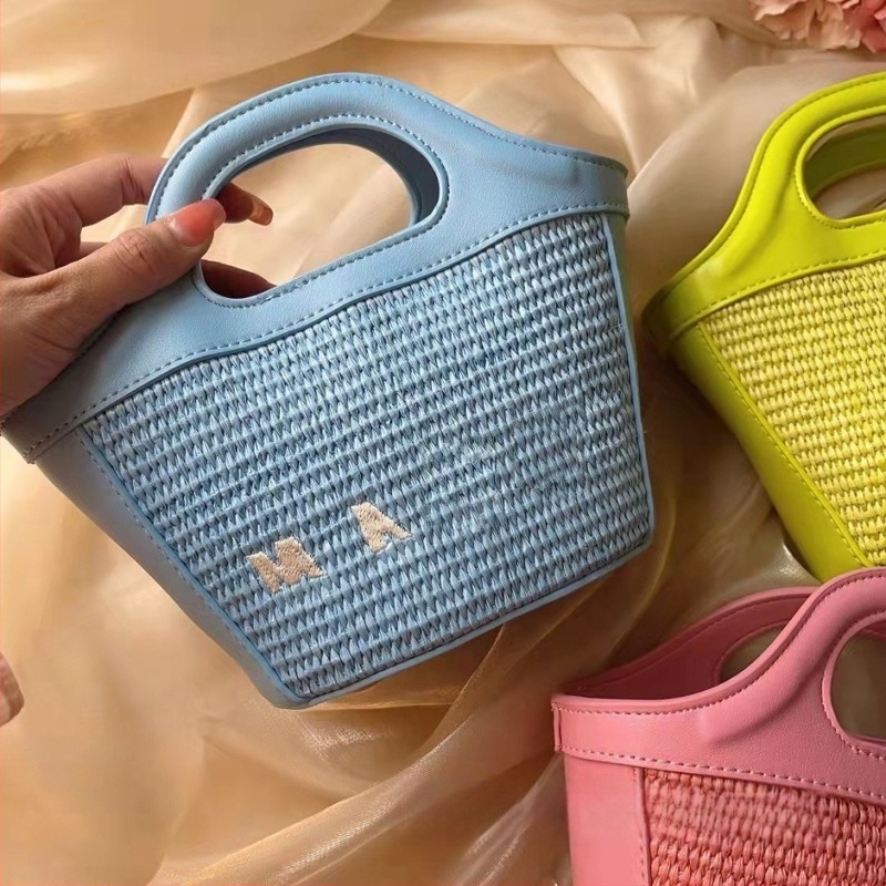 Mani modna slamena torba za plažu, pleteni dizajn, mala, s naramenicom ili crossbody, poliesterom obložena
