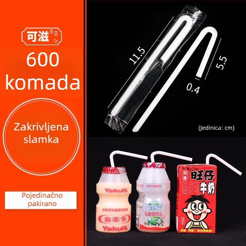 Jednokratna zakrivljena slamka, pojedinačno pakirana, kratka oštra vrh, tanka i fleksibilna U-oblik slamke za dječje jogurt napitke