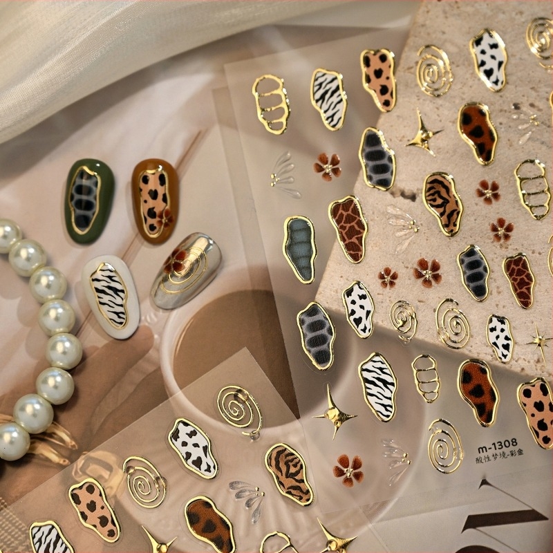 Moji retro naljepnice za nokte s životinjskim uzorkom M1308 – zlatne, šarene leopard, zebra i uzorak krave