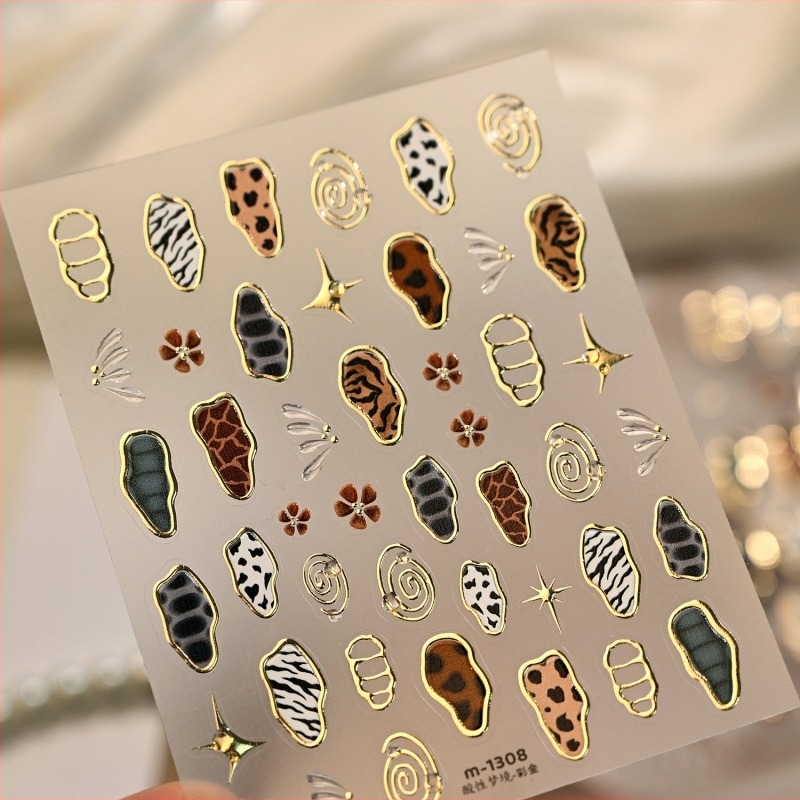 Moji retro naljepnice za nokte s životinjskim uzorkom M1308 – zlatne, šarene leopard, zebra i uzorak krave