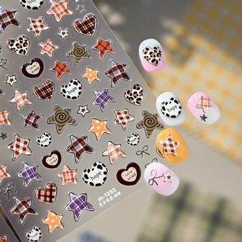 Naljepnice za nokte M1293: leopard print i srce, karirani uzorak sa zvjezdicama, retro kampus stil
