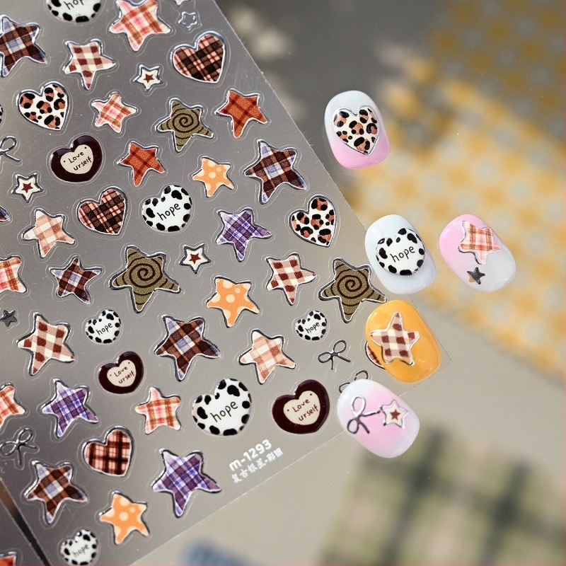Naljepnice za nokte M1293: leopard print i srce, karirani uzorak sa zvjezdicama, retro kampus stil