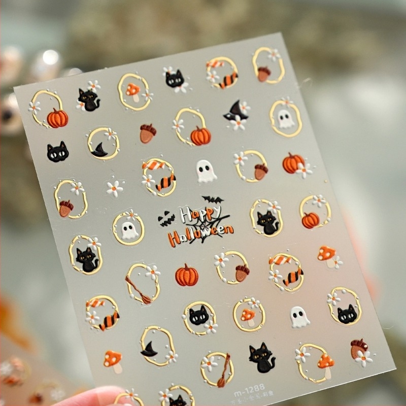 Tensor Nokt naljepnice za Halloween – Crna mačka duh, M1288, zlatna folija, cvijeće, mačka na prozoru, tikva