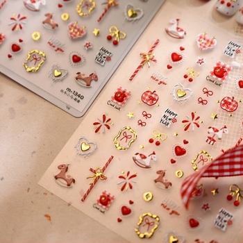 Nail stickers M1340: slatke zlatne ponije sa srcem i vatrometom