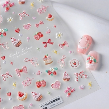 Nail art naljepnice u Iron Sweet Girl stilu, motivi mousse od jagode, mašnica, srce i torta, kod Ts3814