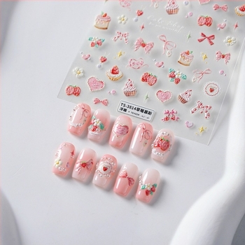 Nail art naljepnice u Iron Sweet Girl stilu, motivi mousse od jagode, mašnica, srce i torta, kod Ts3814