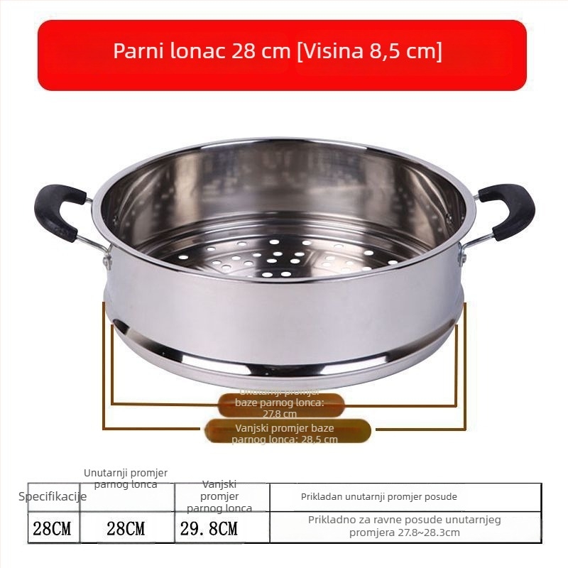Učvršćeni posuda za paru od nehrđajućeg čelika, velika kapaciteta, rešetka i pladanj za paru, višenamjenski umetak u lonac, 28–40 cm