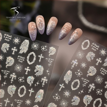 Nail art naljepnice s jednorogom, bijelim konjem i kromiranim srcima – M1367