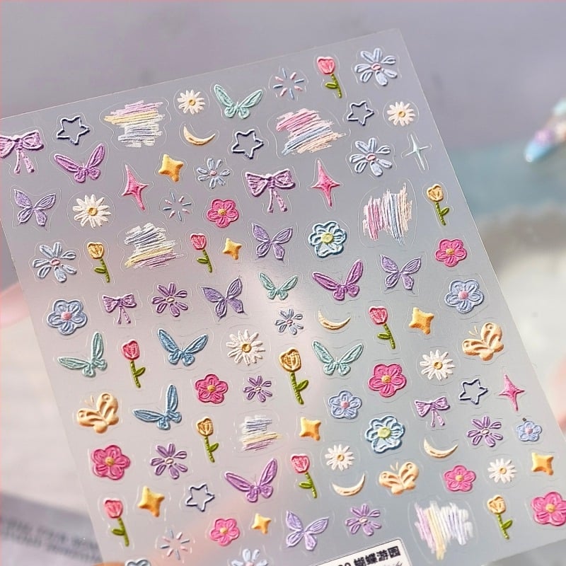 TS4130 Naljepnice za nokte s cvjetnim uzorkom u stilu mekog izvezenog, proljetna pastelna paleta boja, leptir, zvijezda i mjesec