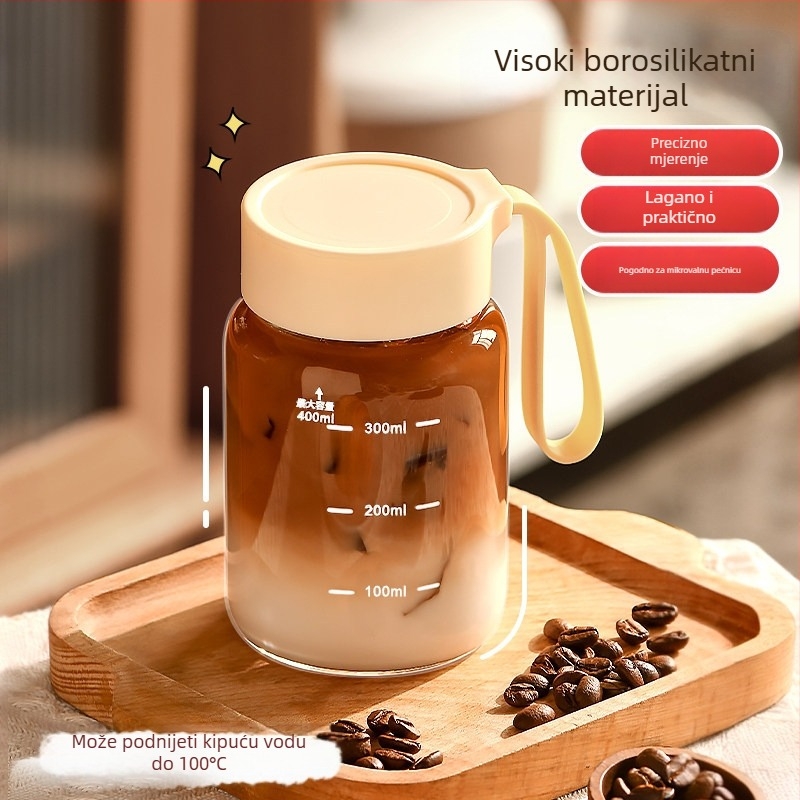 Mini staklena šalica s mjernom ljestvicom, prijenosna s poklopcem, za mlijeko, sojino mlijeko ili kavu