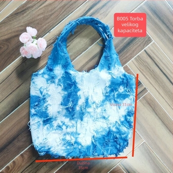 Tie-dye etničkog stila velika tote torba za žene, bijelo-plava s resicama, za rame ili crossbody, moderna i svestrana
