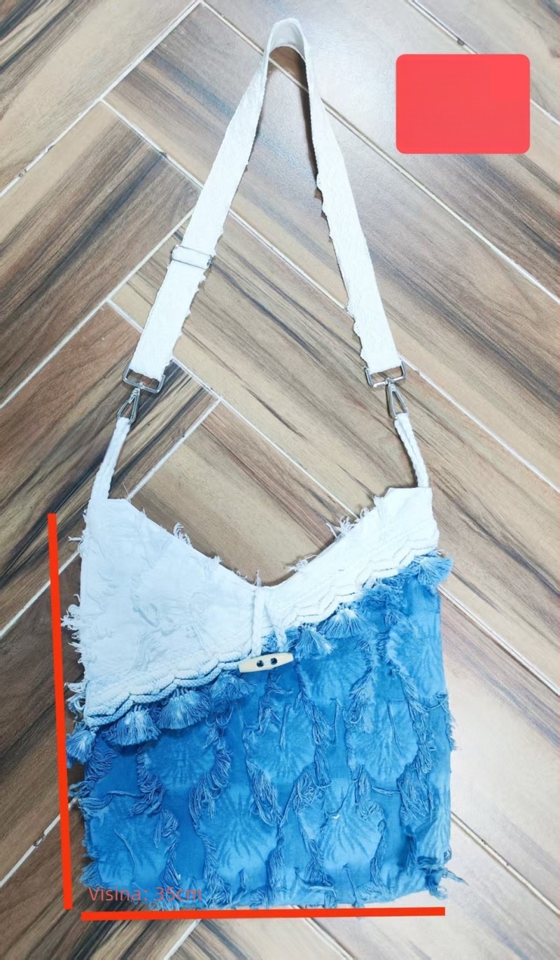 Tie-dye etničkog stila velika tote torba za žene, bijelo-plava s resicama, za rame ili crossbody, moderna i svestrana