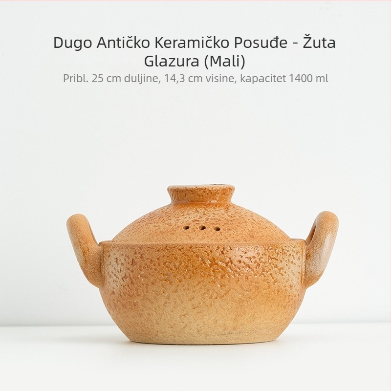 Vintage keramički lonac s dvije ručke za dinstanje juhe i gulaša, mali lonac s ravnim dnom, otporan na visoke temperature, pogodan za plin i otvoreni plamen