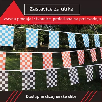 Prilagođena pravokutna startna zastava s crno-bijelim šahovnicama, dekorativna viseća zastava za stazu, trokutasti logotip automobila