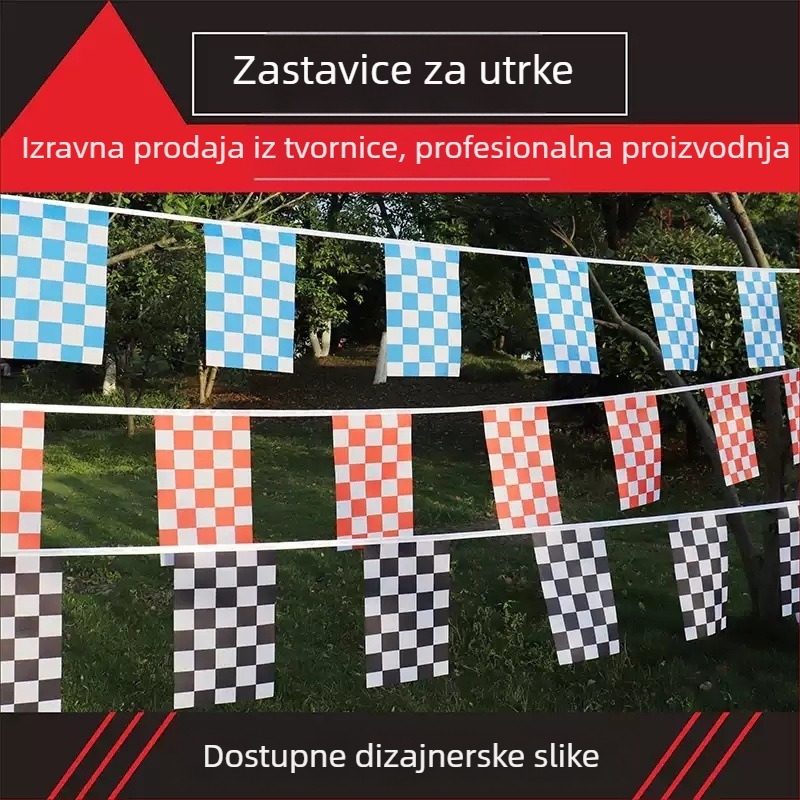 Prilagođena pravokutna startna zastava s crno-bijelim šahovnicama, dekorativna viseća zastava za stazu, trokutasti logotip automobila