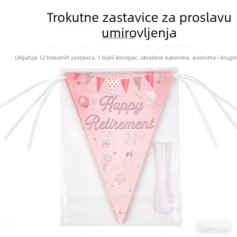 Dekor za proslavu umirovljenja u ružičasto-zlatoj boji – trokutaste zastavice, pozadina u stilu plaže