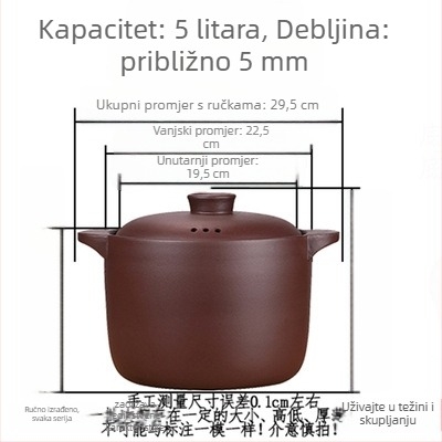 6 L lonac od purpurne pijeskovite gline za dinstanje i juhe, neglazirana glina, pogodna za plinski štednjak, otpornost na visoke temperature, okrugli poklopac