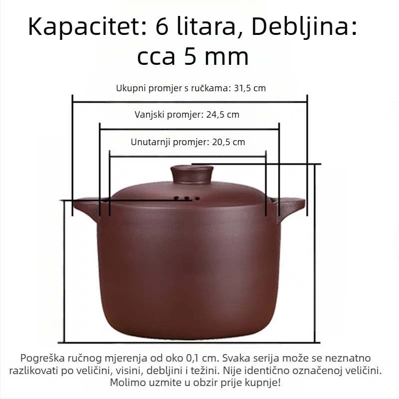 6 L lonac od purpurne pijeskovite gline za dinstanje i juhe, neglazirana glina, pogodna za plinski štednjak, otpornost na visoke temperature, okrugli poklopac