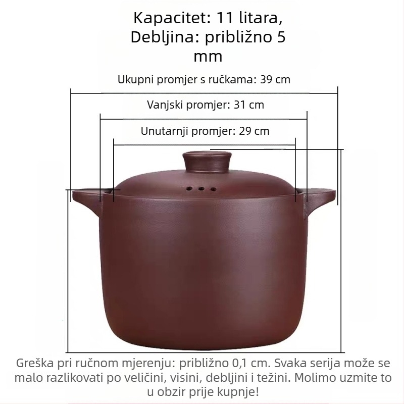 6 L lonac od purpurne pijeskovite gline za dinstanje i juhe, neglazirana glina, pogodna za plinski štednjak, otpornost na visoke temperature, okrugli poklopac