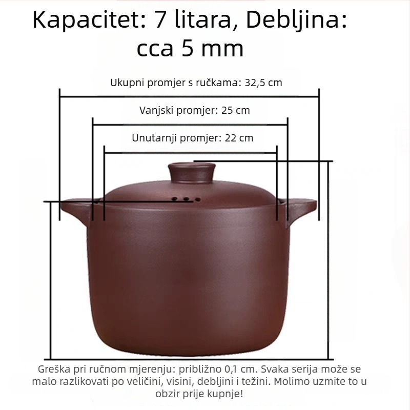 6 L lonac od purpurne pijeskovite gline za dinstanje i juhe, neglazirana glina, pogodna za plinski štednjak, otpornost na visoke temperature, okrugli poklopac